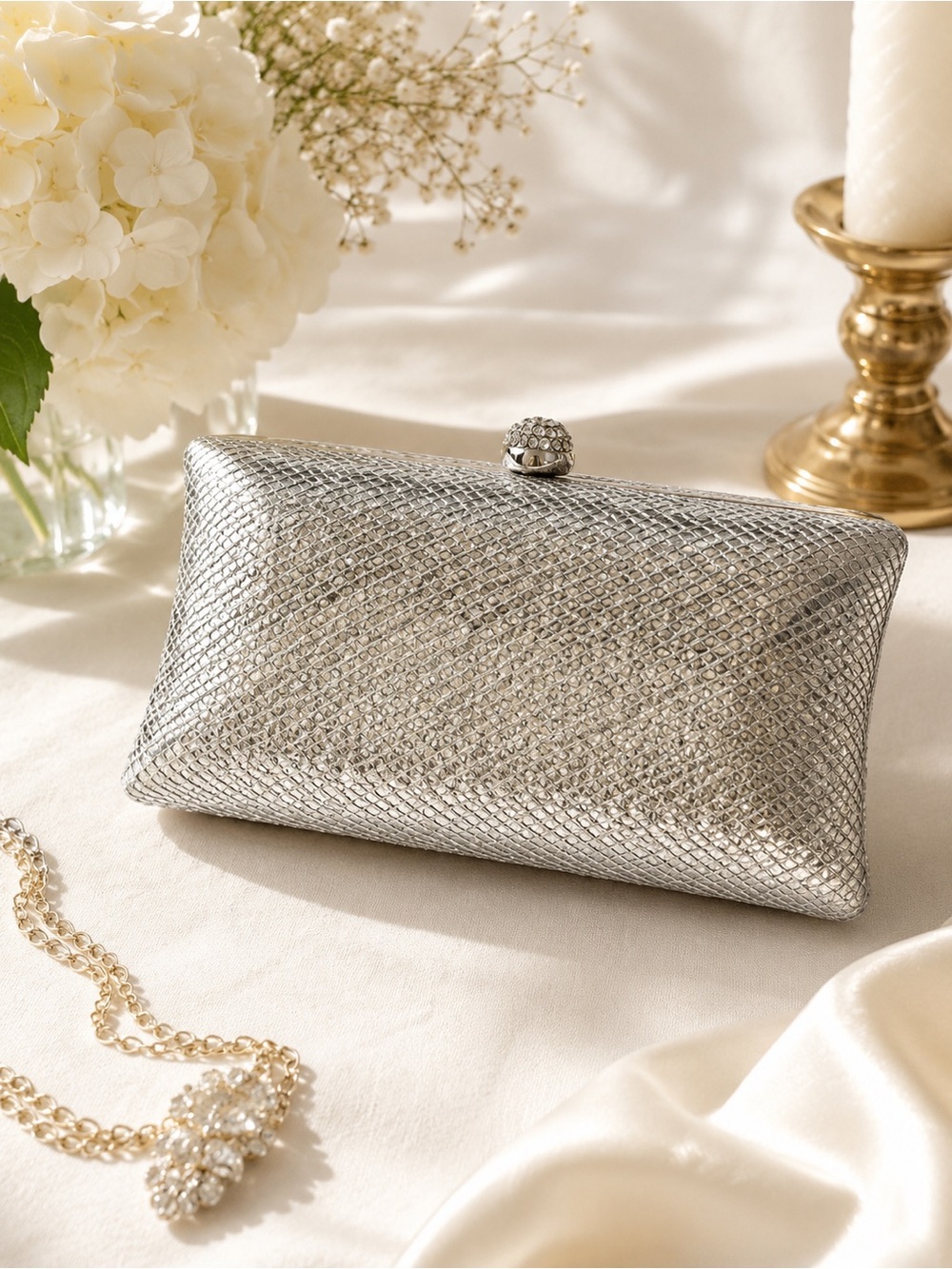 Silver Metallic Evening Clutch Bag Formal Wedding Party Prom Purse